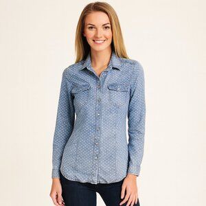 Anthropologie Daniel Rainn Star Print Snap Front Denim Chambray Top Size M